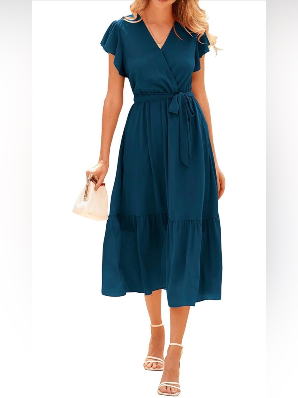 Women's Wrap Midi Dress with Tie Waist and Flutter Sleeves - Lake Blue